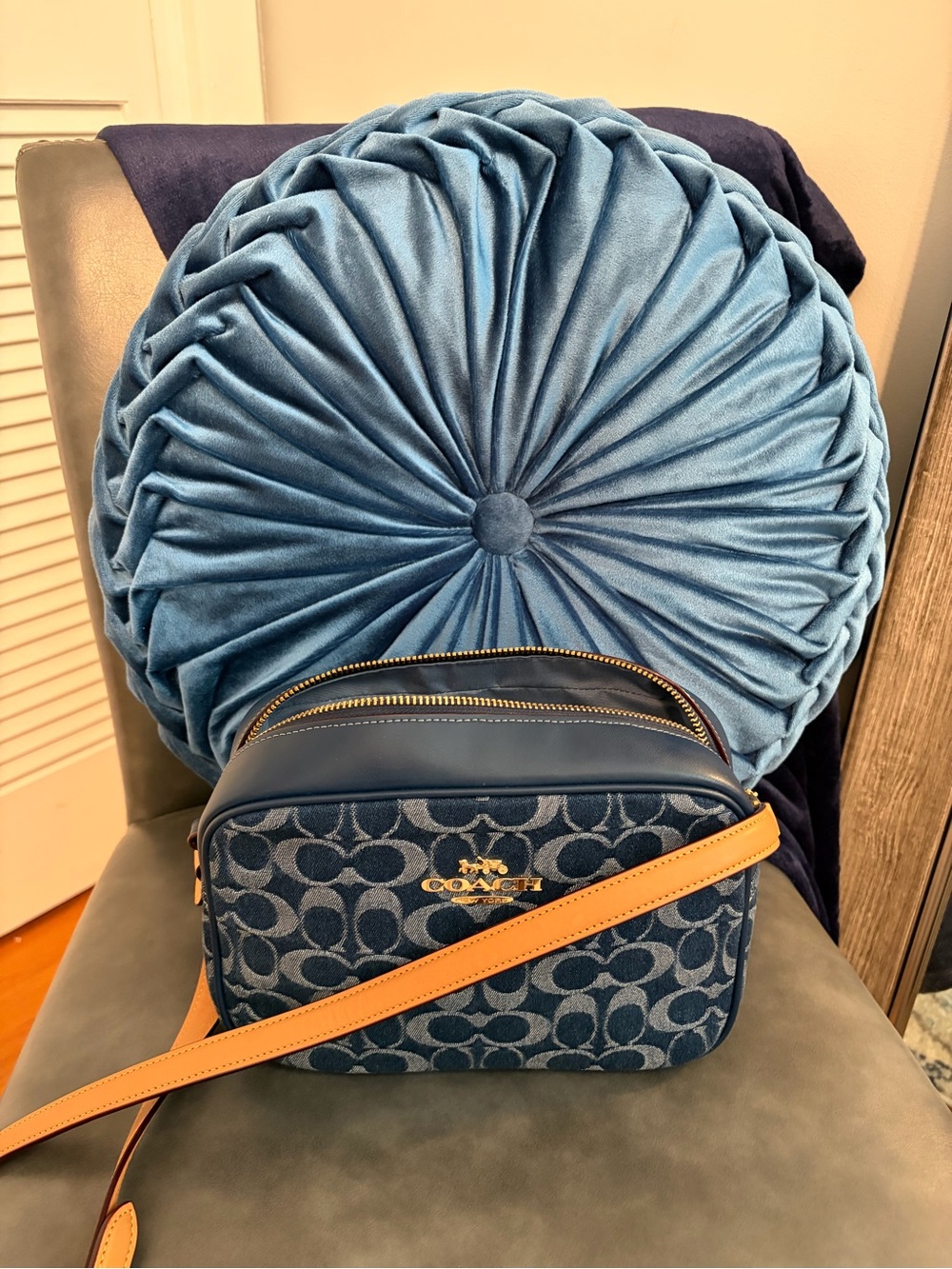 Coach Navy Signature Canvas Crossbody with Tan Strap